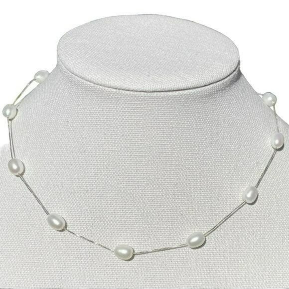 925 Sterling Silver Genuine Cultured White Freshwater Pearls Necklace 17.7in‎ - Picture 1 of 9